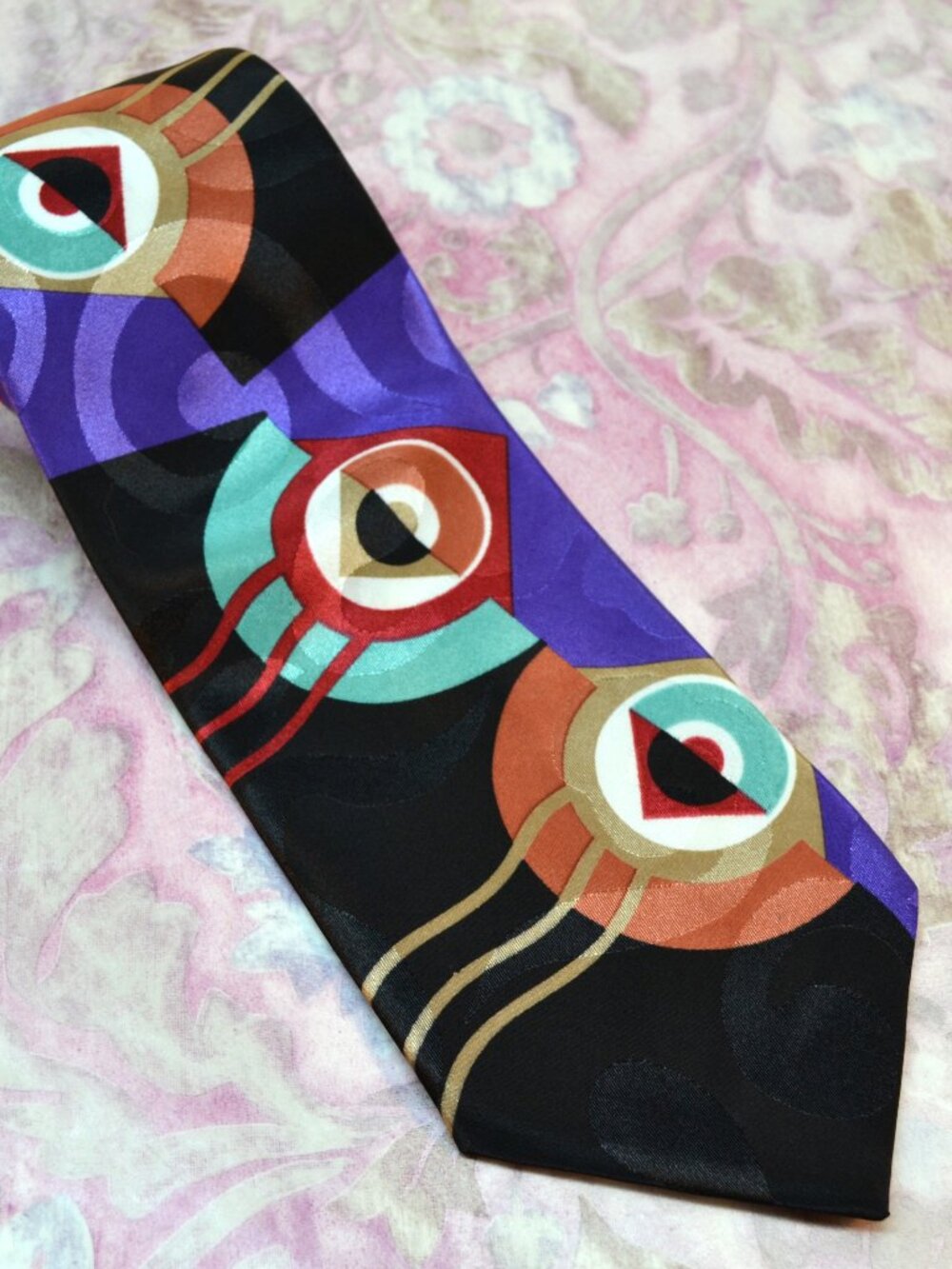Wembley Vintage Tie, Bold Abstract in Black Violet Red Copper Gold USA